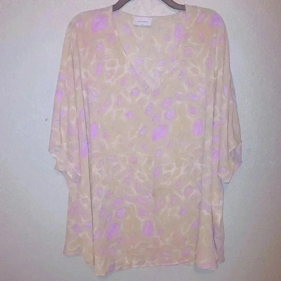 Adrienne PRINT Biege Purple V-Neck PONCHO TUNIC Size Medium Oversized - Picture 1 of 5